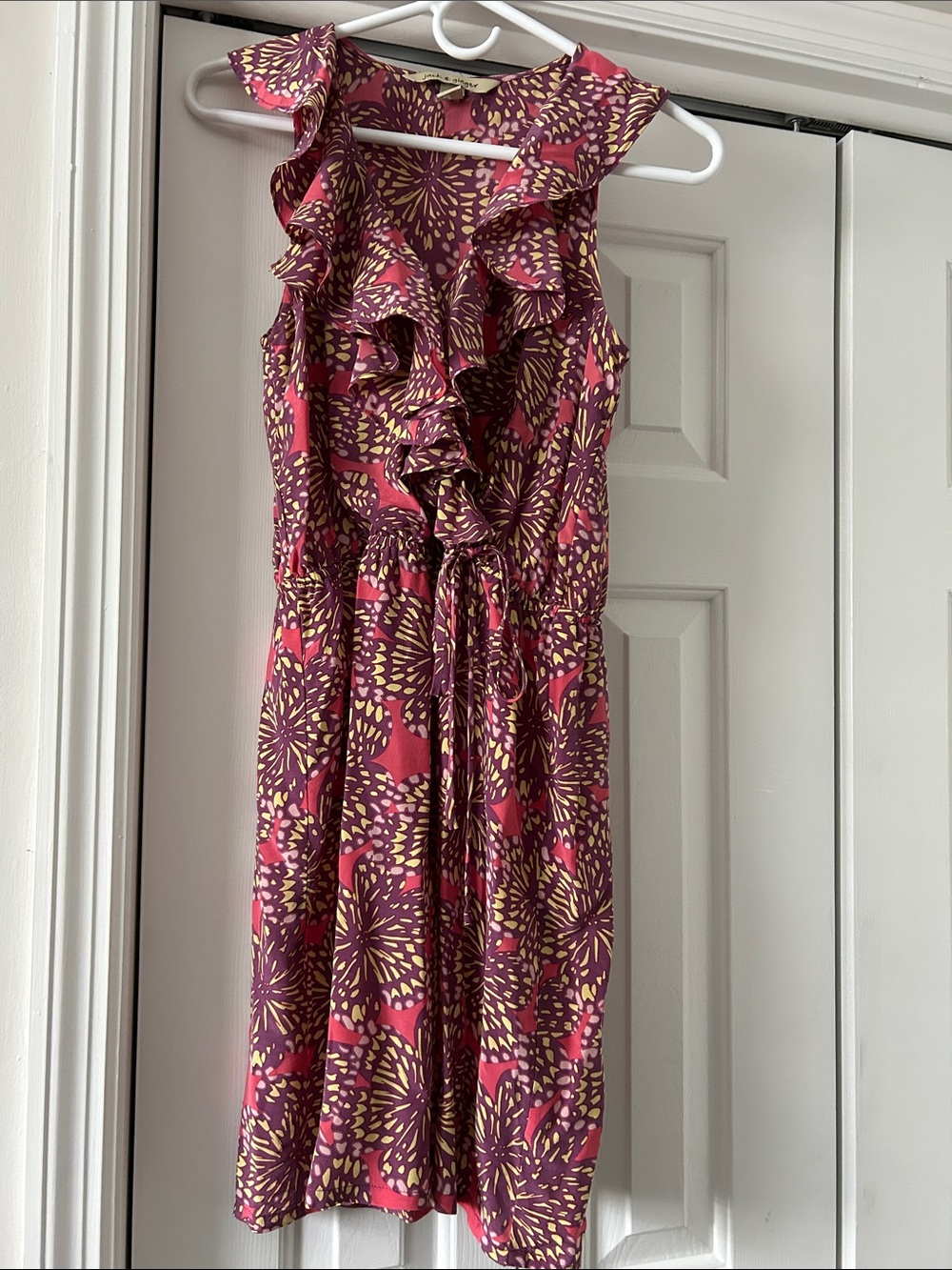Floral Ruffle Tie-Waist Mini Dress in Berry and Gold
